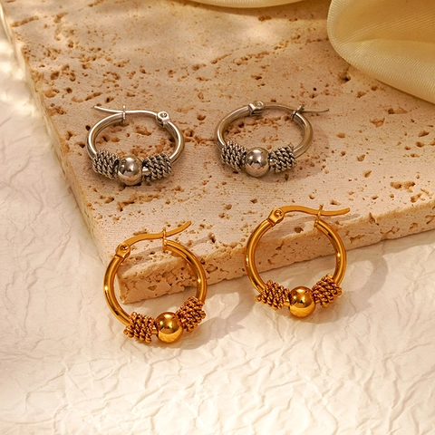 Pendientes De Aro De Acero Inoxidable Cuentas Redondas Textura Tejida Moda Huggie Para Mujeres
