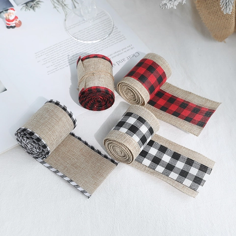 Ruban De Noël En Toile De Jute Bordure À Carreaux Style Rustique Pour Emballage Cadeau Décoration Sapin Bricolage