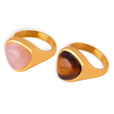 Retro Titanium Stainless Steel Ring Natural Rose Quartz Tiger's Eye Stone Geometric Rounded Triangle Minimalist Jewelry