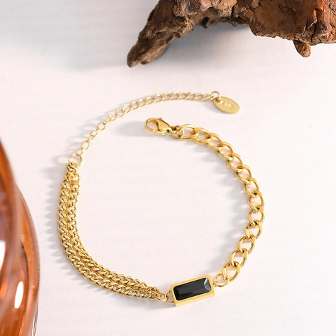 Stainless Steel Necklace And Bracelet Rectangular Zircon Layered Cuban Chain Gold Plated Trendy Jewelry For Women
