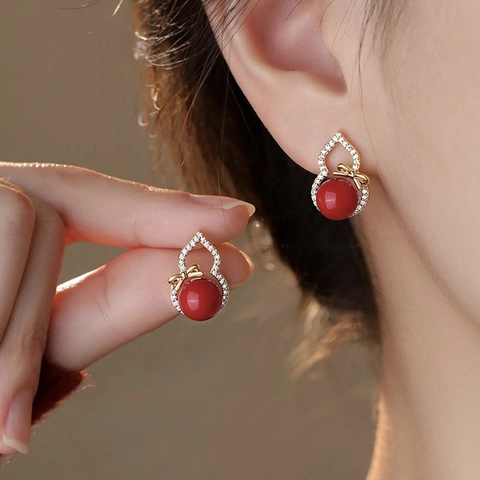 Orecchini A Lobo Calabash Gourd Con Perno In Argento Zircone Intarsiato Perla Di Resina Rossa Fiocco Stile Cinese Vintage