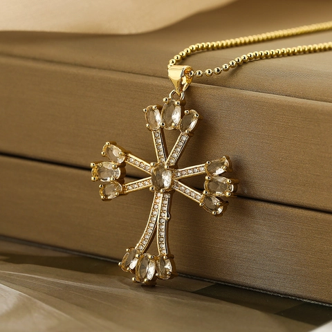 Collar Con Colgante De Cruz Cobre Chapado En Oro De 18K Con Circonita Colorida Estilo Hip Hop Joyería Para Mujer