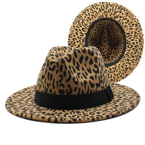 Leopard Muster Fedora Hut Wollfilz Breite Krempe Jazz Kappe Mit Schwarzem Band Britischer Retro Stil Für Damen Herren