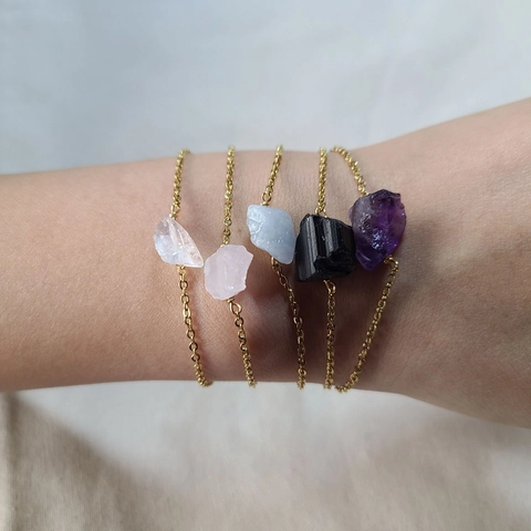 Natural Raw Stone Bracelet Irregular Amethyst Rose Quartz Aquamarine Stainless Steel Gold Chain Minimalist Geometric Jewelry