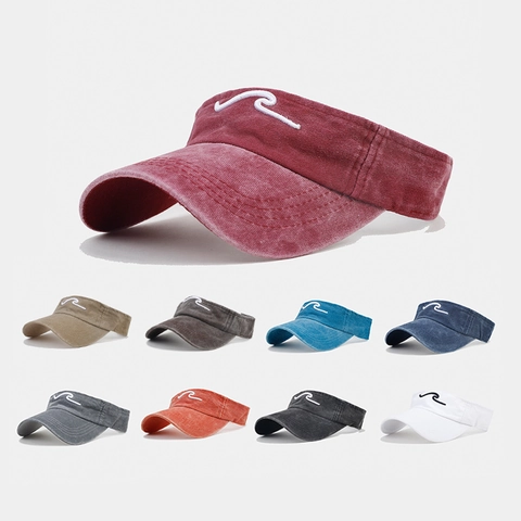 Washed Cotton Distressed Visor Hat For Men Women Outdoor Sun Protection Adjustable Sporty Wave Embroidery Topless Cap