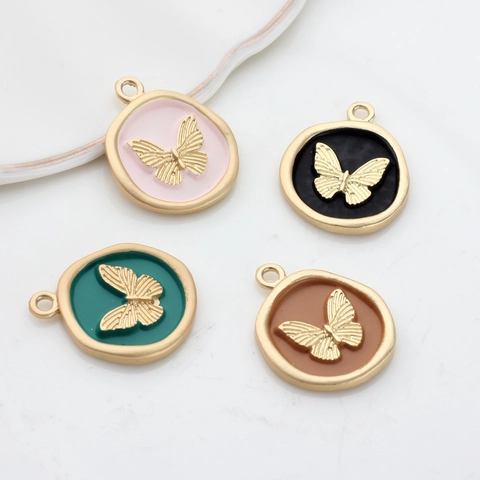 Butterfly Charm Alloy Enamel Oil Dripping Round Pendant For DIY Jewelry Making Earrings Necklace Accessories Golden Border