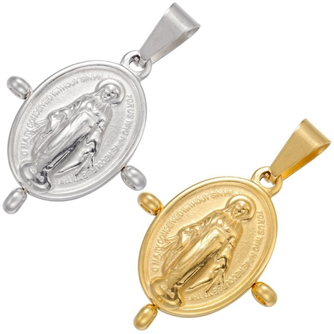 Ciondolo Medaglia Miracolosa Vergine Maria Ovale Religioso Rilievo Goffrato Vintage Ottone Placcato Oro Gioiello