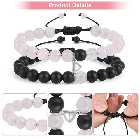 Bracciali Di Coppia Pietra Cristallo Rosa Naturale Opaca Attrazione Magnetica Cuore Regolabile Intrecciato A Mano Regalo