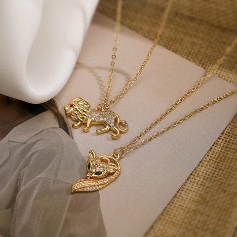 Collana Con Ciondolo Animale In Rame Leone Volpe Placcato Oro Con Zirconia Cubica Scintillante Gioielli Di Moda Per Uomini Donne