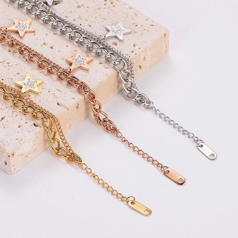 Pulsera De Estrella De Acero Inoxidable Cadena De Doble Capa Con Circonita Para Mujer Joyería De Moda Elegante