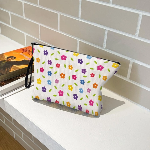 Make-up Tasche Mit Blumenmuster Leinentextur Polyester Kosmetikbeutel Reißverschluss Reise Kulturbeutel Mit Handschlaufe Für Damen