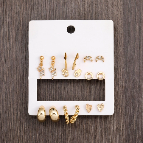 Mond Herz Stern Blitz Hamsa Hand Ohrringe Legierung Strass Gold Geometrisch Damen Edelstahl Ohrstecker Schmuck