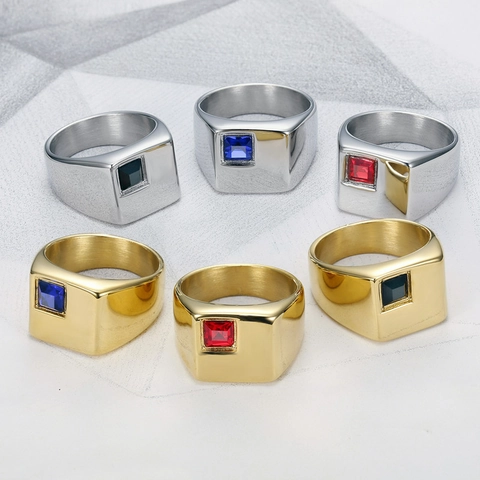 Men Titanium Steel Signet Ring Square Rhinestone Inlaid Polished Simple Cool Hip Hop Punk Finger Ring Fashion Men Jewelry
