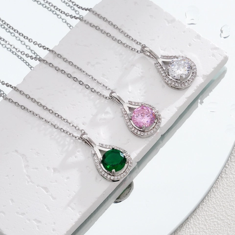 Collana Con Pendente A Goccia D'acqua Moda Rame Intarsiato Zirconia Gemma Colorata Gioielli Eleganti Per Donna