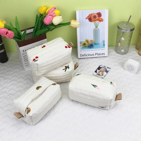 Korean Ins Style Quilted Linen Tissue Box Cover Cute Bear Cherry Embroidered Desktop Storage Bag Fabric Napkin Holder Case