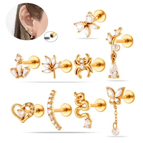 Stainless Steel Internally Threaded Labret Lip Rings Zircon Spider Heart Butterfly Cartilage Earrings Piercing Jewelry