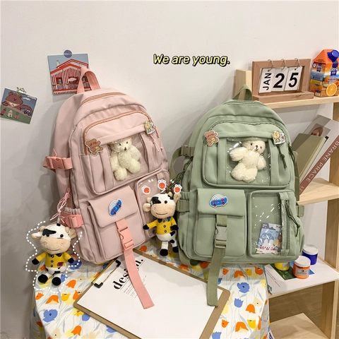 Zaino In Nylon Stile Coreano Grande Capacità Impermeabile Per Ragazze Con Pendente Orso Mucca Peluche Tasca Multipla
