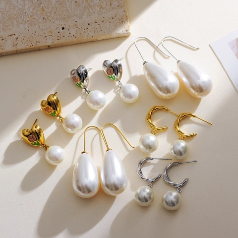Edelstahl Künstliche Perle Ohrhänger Elegante Herz Tulpe Wassertropfen Retro Ohrringe Für Damen Mode Schmuck