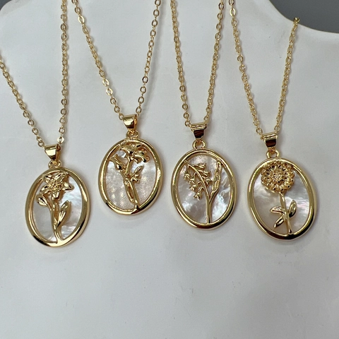Oval Flower Pendant Necklace Copper 18K Gold Plated With Mother Of Artificial Pearl Shell Sunflower Relief Jewelry For Women