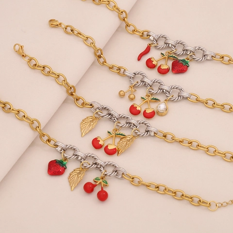Roestvrijstalen Fruit Bedelarmband Goud Zilver Tweekleurige Ketting Emaille Kers Aardbei Chili Pastorale Sieraden Voor Dames