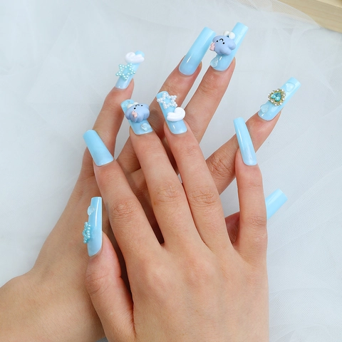 Uñas Postizas Largas De Ataúd Azul Cielo Con Decoración De Resina Nube Estrella Corazón Estilo Y2K Dulce Lindo Para Mujeres