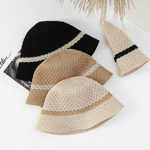 Knitted Bucket Hat Polyester Striped Sun Protection Breathable Foldable Beach Sunshade Travel Accessories Women