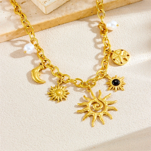 Multi-Charm Pendant Necklace 304 Stainless Steel Boho Marine Life Sun Moon Shell Artificial Pearl Fashion Jewelry For Women