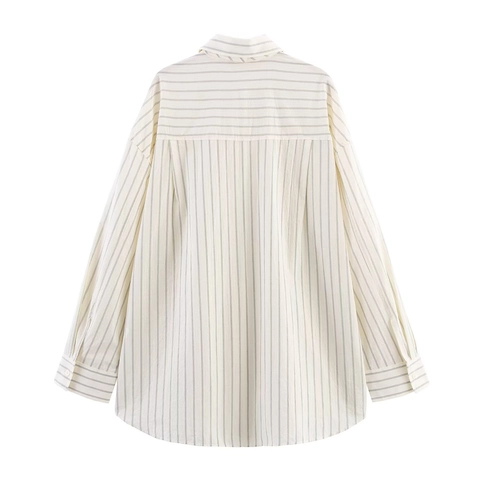 Camicetta A Righe Da Donna Con Cravatta Maniche Lunghe Poliestere Abbottonata Colletto A Revers Stile Preppy Vintage