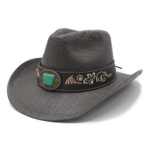 Western Cowboy Hat Paper Straw Wide Brim Ethnic Embroidered Leather Band Faux Turquoise Sun Protection Beach Fedora