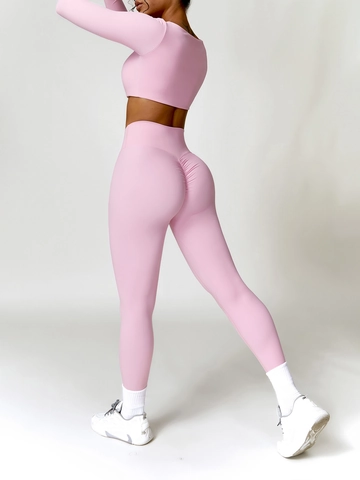 Women Yoga Long Sleeve Crop Top And High Waist Leggings Polyamide Elastane Solid Color Square Neck Gym Workout Outfit