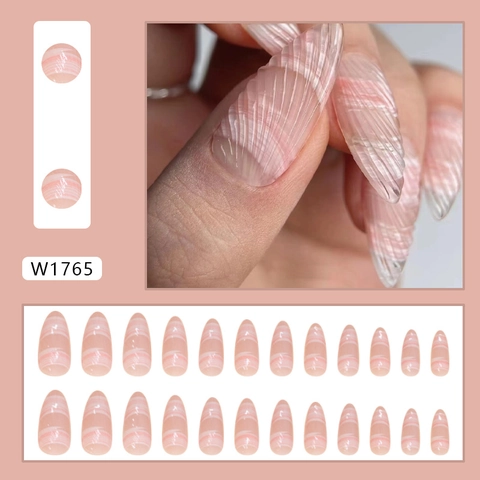 Uñas Postizas Press On Forma Almendra Plástico ABS Degradado Rosa Blanco Textura Concha 3D Manicura Elegante Larga Extensión