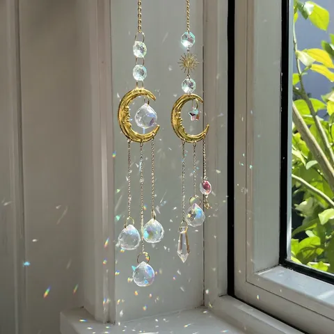 Crystal Suncatcher Hanging Ornament With Metal Sun And Moon Rainbow Maker Prism For Window Garden Decor Boho Style