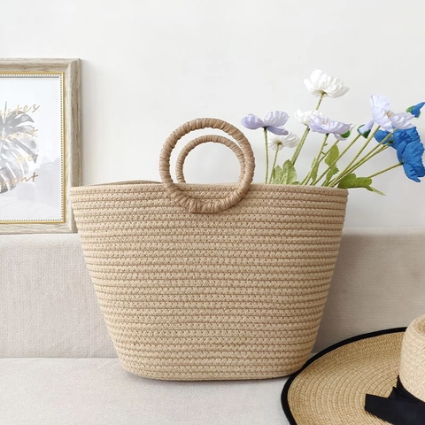 Bolso Tote De Paja Y Cuerda De Algodón Tejido A Mano Gran Capacidad Asa Redonda Bohemio Playa Vacaciones