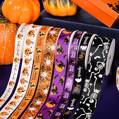 Halloween Ribbon Polyester Grosgrain Printed Pumpkin Skull Ghost DIY Gift Wrapping Party Decor Spooky Craft Accessory