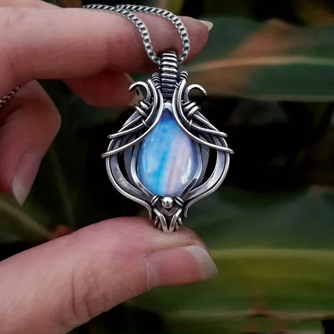 Vintage Water Drop Pendant Necklace Copper Blue Faux Moonstone Antique Silver Color Box Chain Bohemian Style Jewelry Women