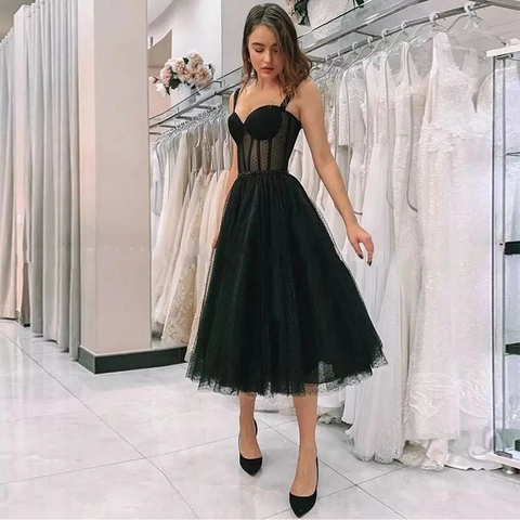 Vestido Midi Negro De Tirantes Finos Malla De Puntos Corsé Vestido De Fiesta De Noche Adelgazante Tul