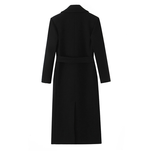 Abrigo Largo De Lana Para Mujer Cuello De Solapa Suelto Frente Abierto Con Cinturón Color Sólido Elegante Invierno Negro