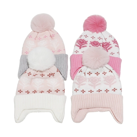 Winter Strickmütze Für Mädchen Mit Ohrenschutz Und Kunstfellbommeln Jacquard Muster Acryl Warme Mütze
