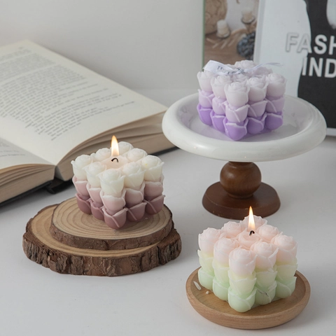 Rose Flower Cube Scented Candle Handmade Soy Wax Gradient Decorative Candle For Home Office Wedding Photography Prop