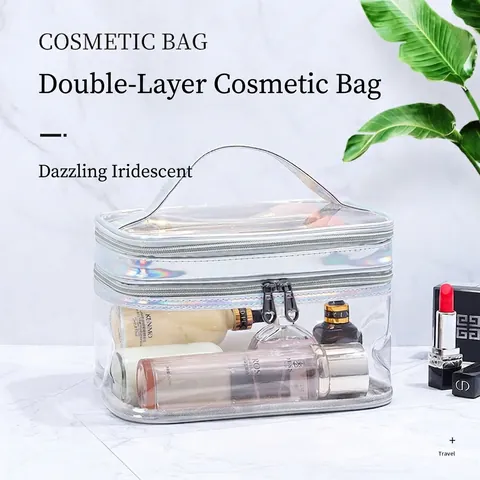 Double Layer Cosmetic Bag Waterproof PVC Transparent Toiletry Organizer Holographic Laser PU Trim Heart Zipper Travel Handbag