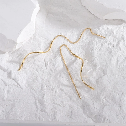 Wave Curve Ear Threader Earrings Titanium Steel Gold Plated Long Chain Elegant Minimalist Jewelry For Women