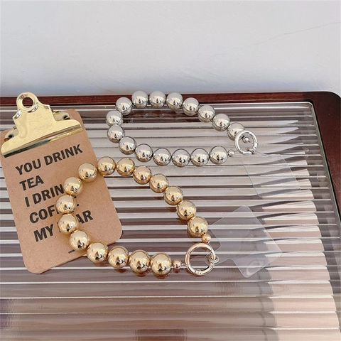Cadena de Teléfono con Cuentas Redondas de Acrílico Correa de Muñeca Anti-pérdida Color Oro Plata Llavero Enfilado a Mano Joyería