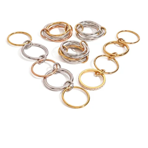 Stainless Steel Stackable Rings For Women Interlocking Chain Design Waterproof Hypoallergenic Fashion Jewelry CZ Inlaid