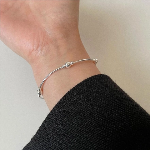925 Sterling Silver Round Bead Elastic Bracelet Minimalist Geometric Thin Line Bangle Women