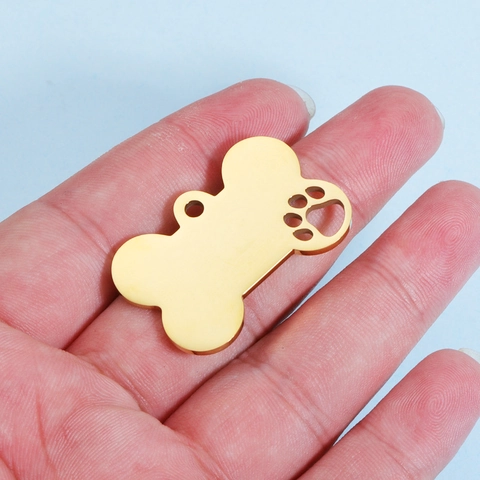 Mirror Polished Stainless Steel Bone Shape Pet ID Tag Hollow Paw Print DIY Jewelry Finding Pendant Charm