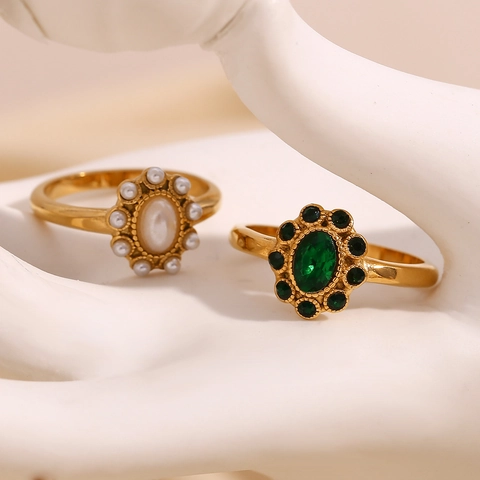 Vintage Luxury Ring For Women Stainless Steel 18K Gold Plated Green Gem Oval Artificial Pearl Cluster Floral Design