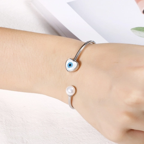 Evil Eye Edelstahl Armreif Mit Muschelperle Herz Hamsa Hand Mode Schmuck Für Frauen Mädchen