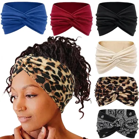 Women Wide Headband Twist Knot Elastic Yoga Running Fitness Boho Printed Solid Color Soft Breathable Hair Accessories
