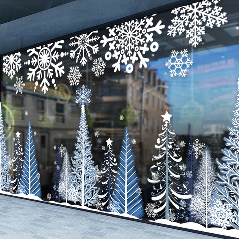 Christmas Snowflake Tree Window Stickers PVC Static Cling Glass Decals Winter Holiday Festive Atmosphere Decoration Shop Home