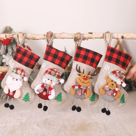 Calze Di Natale In Juta Lino Quadri 3D Babbo Natale Pupazzo Di Neve Alce Orso Decorazioni Appese Per Albero